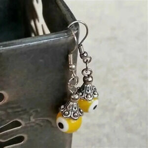Handmade Evil Eye Yellow Lampwork Glass Beads Protective Talisman Drop Earrings